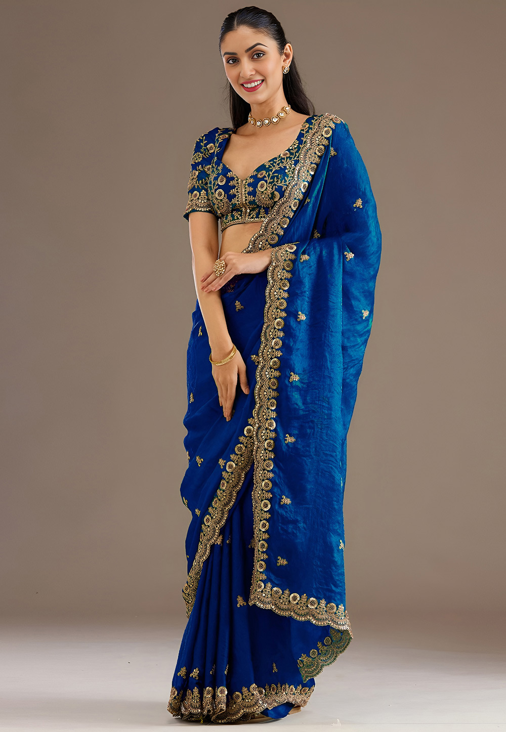Blue Tissue Saree With Blouse 326759