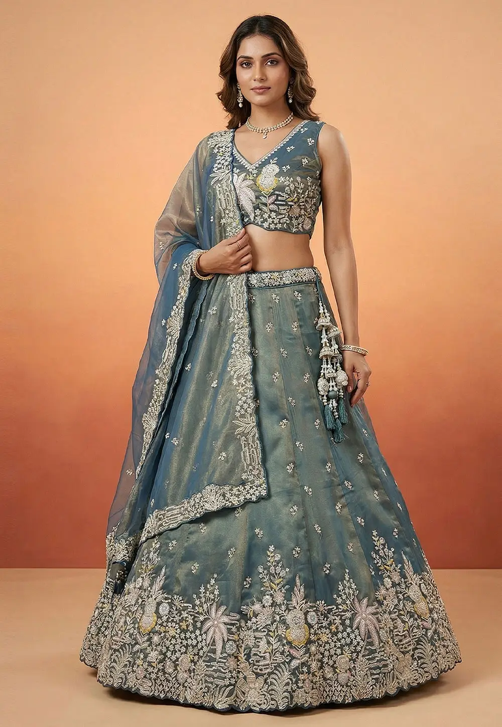 Blue Tissue Wedding Lehenga Choli 332951
