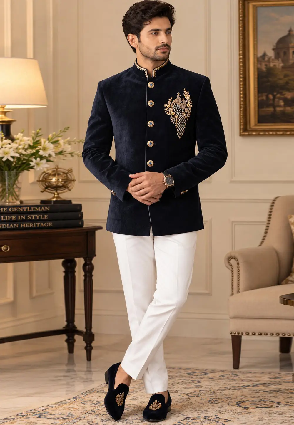 Blue Velvet Bandhgala Suit 336427