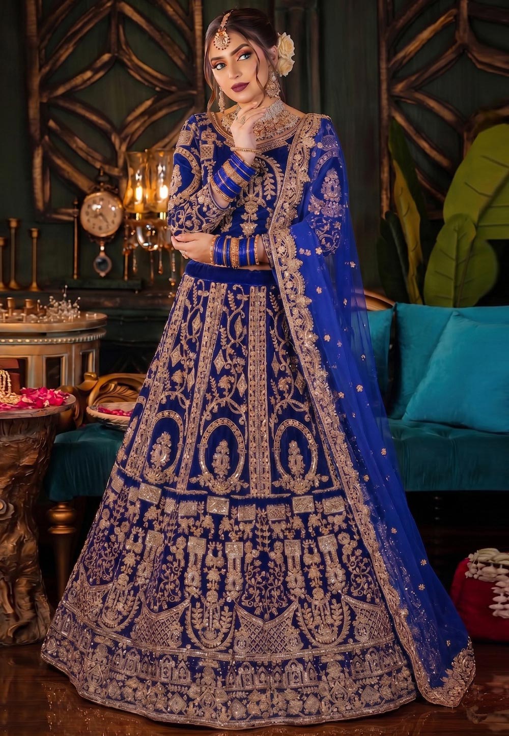 Blue Velvet Bridal Lehenga Choli 328944