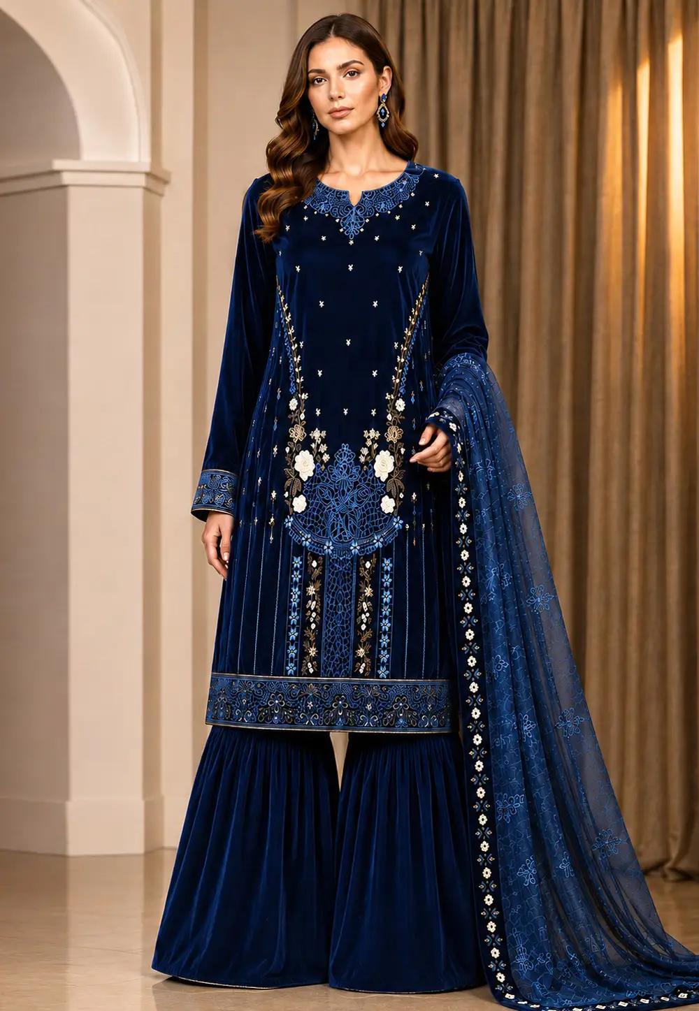 Blue Velvet Gharara Suit 335173