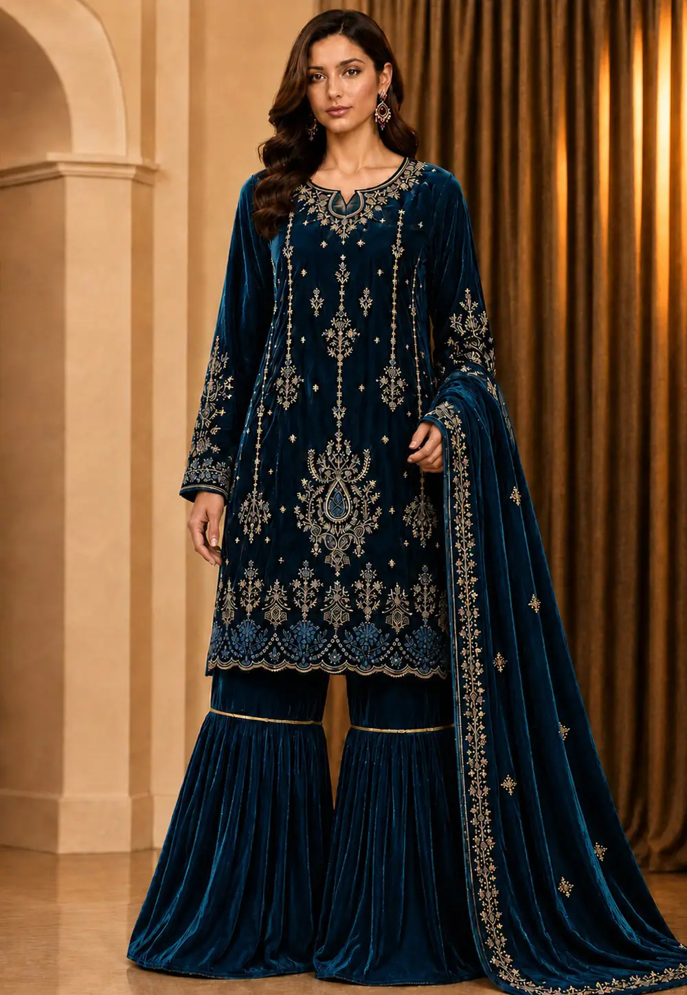 Blue Velvet Gharara Suit 335177