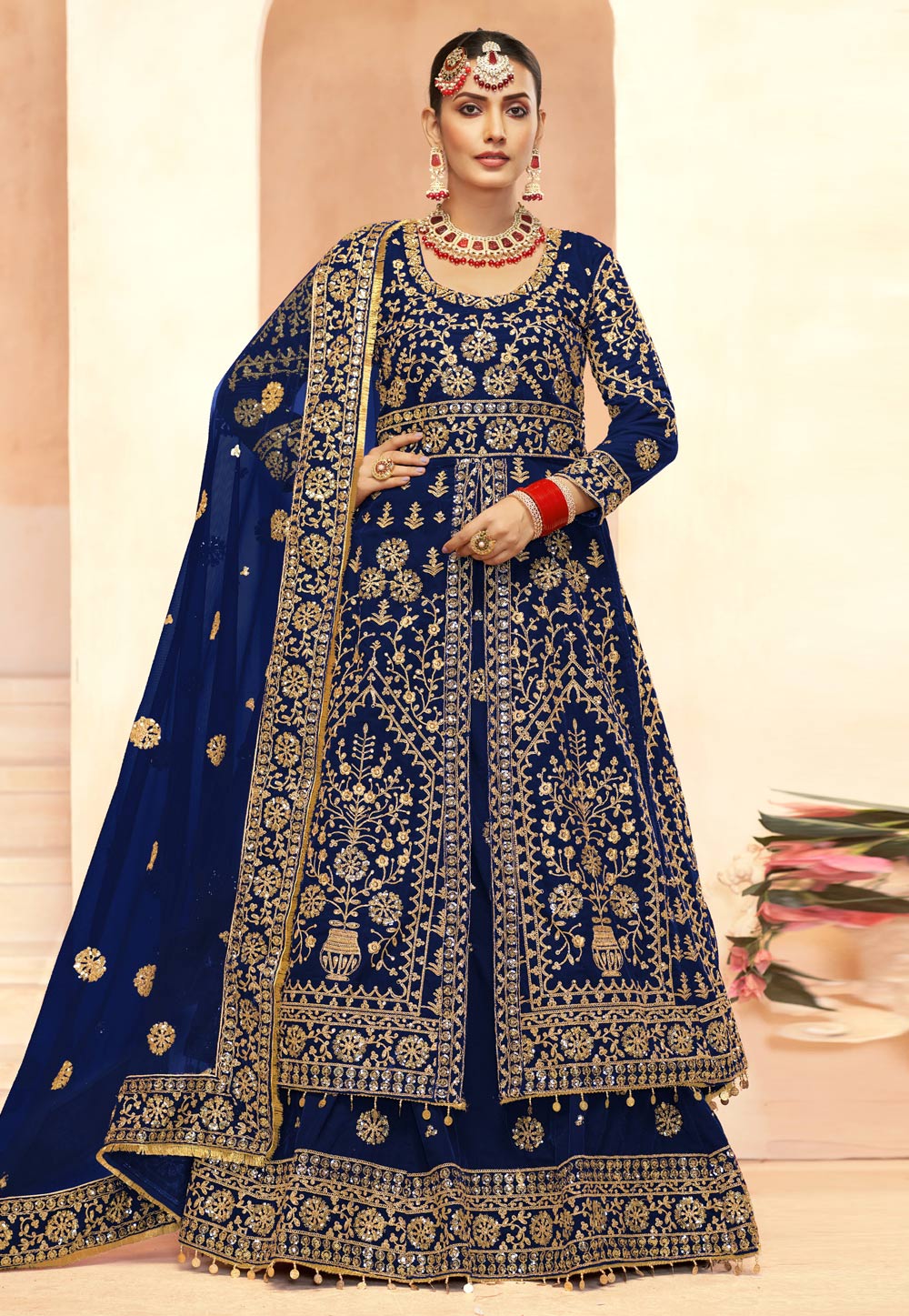 Blue Velvet Indo Western Lehenga Choli 308938