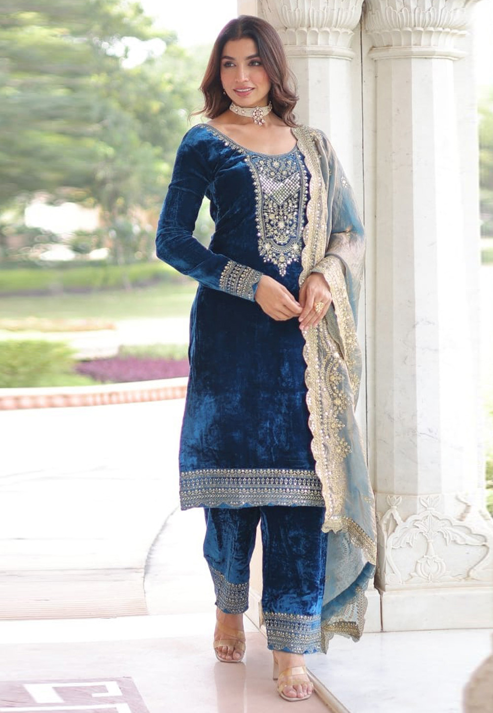 Blue Velvet Readymade Pakistani Suit 319797
