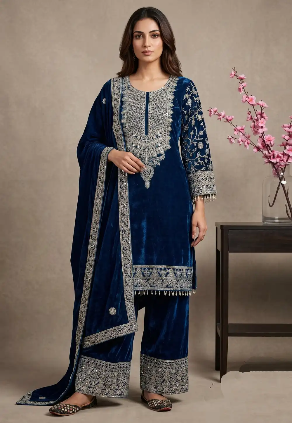 Blue Velvet Readymade Palazzo Suit 330687