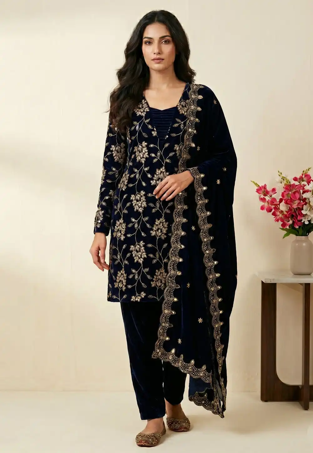 Blue Velvet Readymade Pant Style Suit 330698