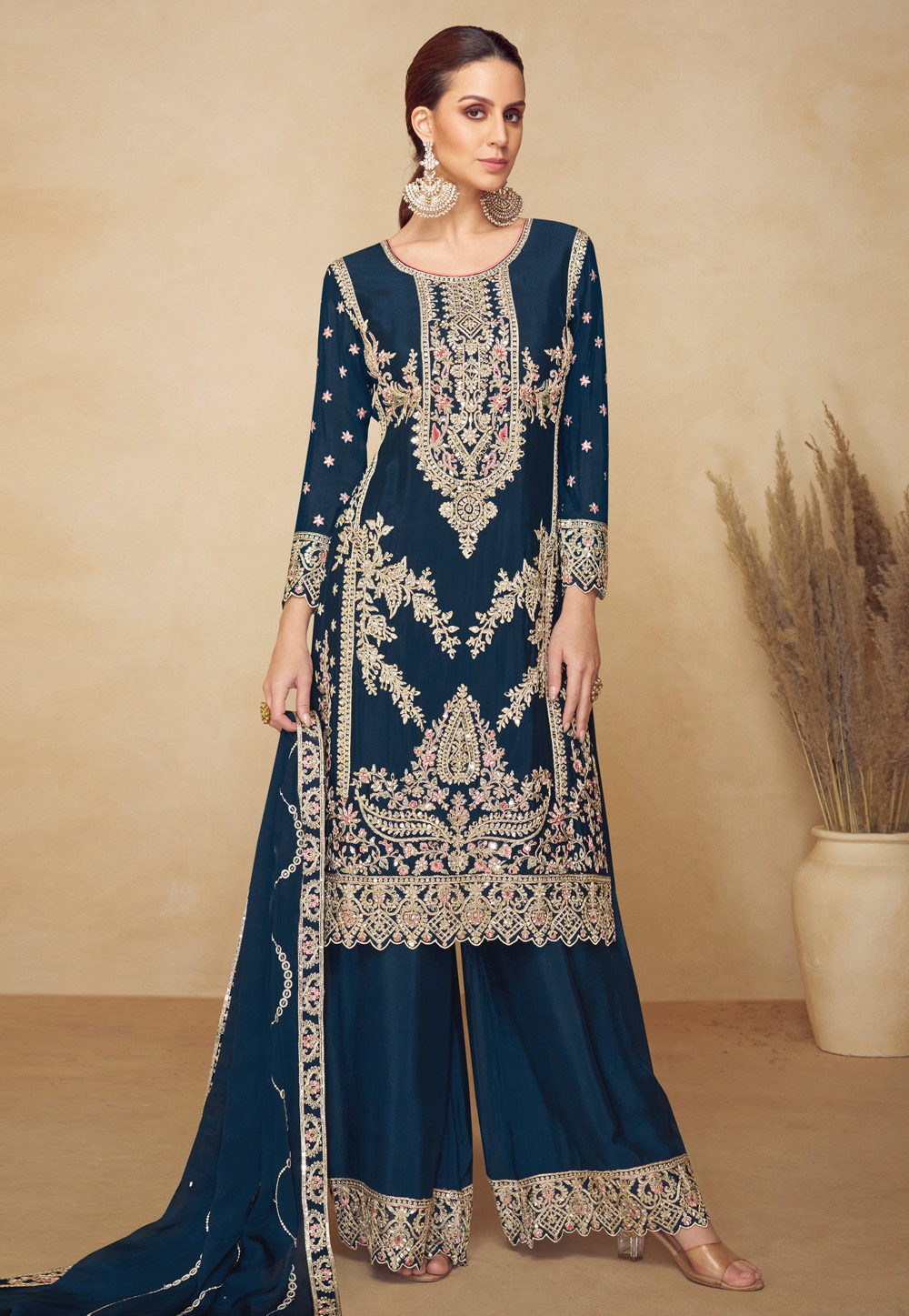 Blue Viscose Embroidered Palazzo Suit 324874