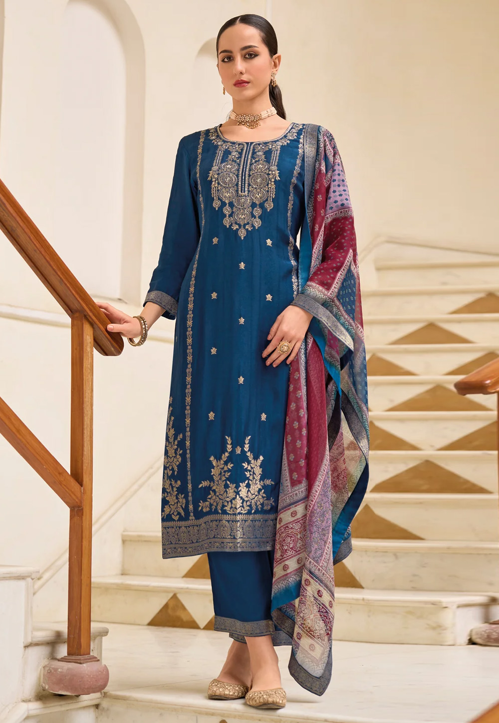 Blue Viscose Jacquard Readymade Pakistani Suit 307103