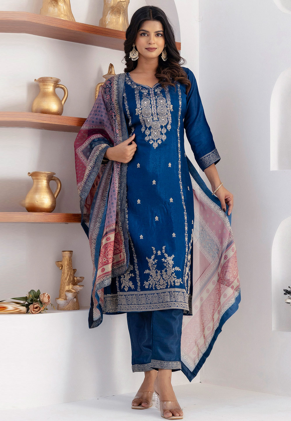 Blue Viscose Jacquard Readymade Pakistani Suit 308392