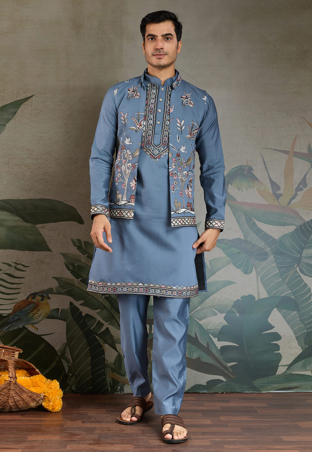 Blue Viscose Kurta Pajama With Jacket 311864