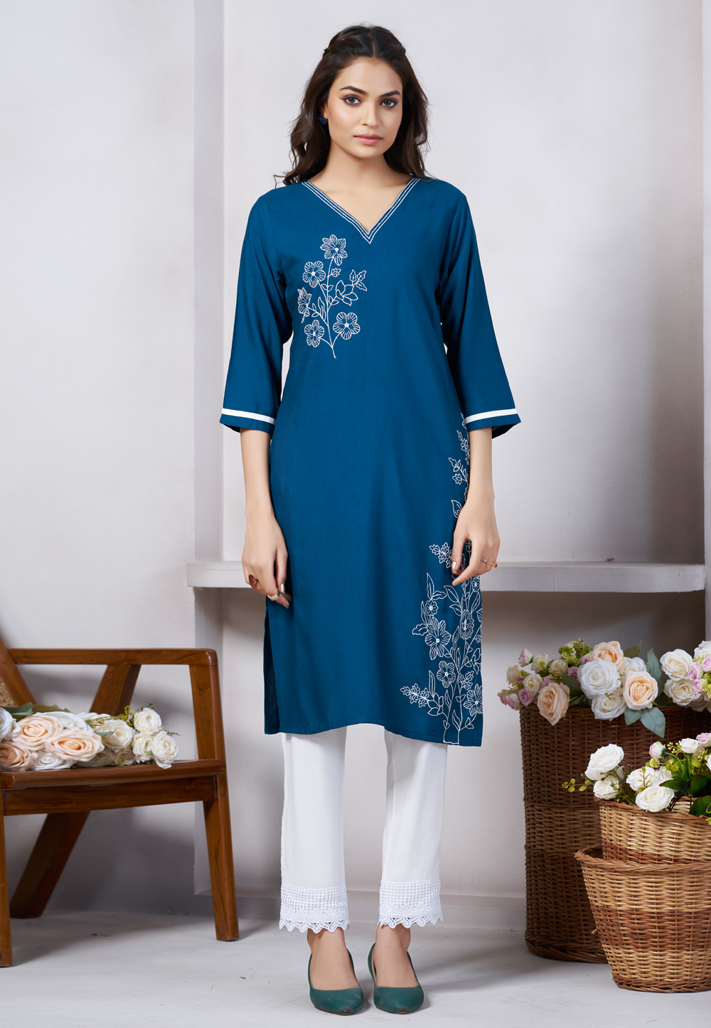 Blue Viscose Rayon Long Kurti 313417