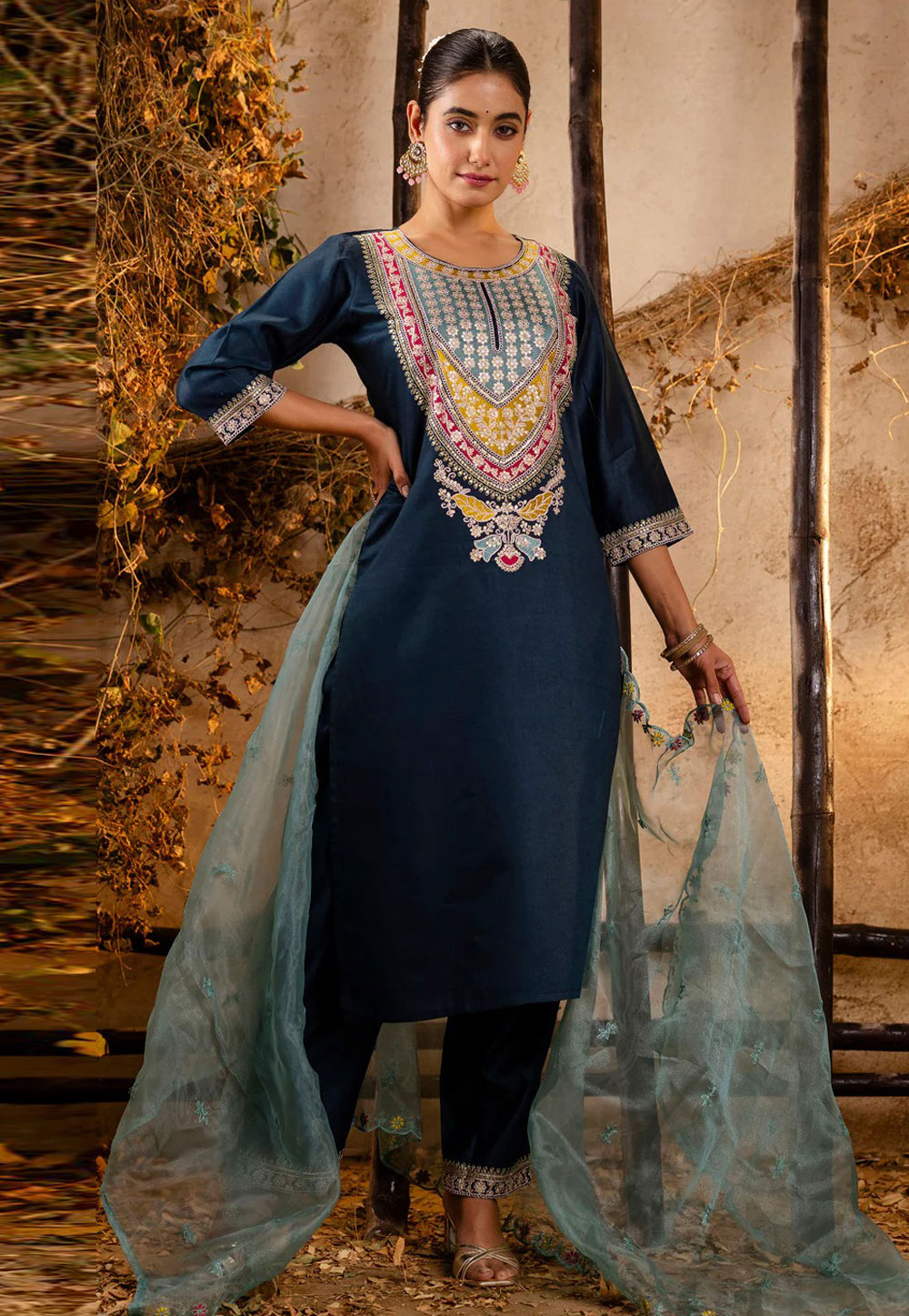 Blue Viscose Rayon Readymade Pant Style Suit 307566