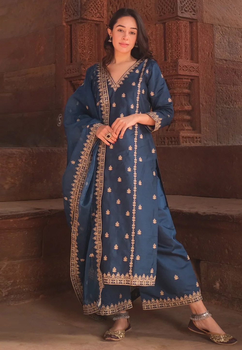 Blue Viscose Readymade Palazzo Suit 308398