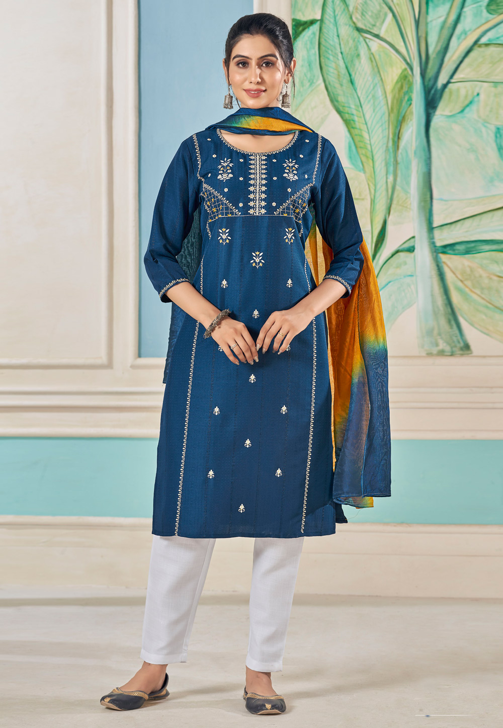 Blue Viscose Readymade Pant Style Suit 281034