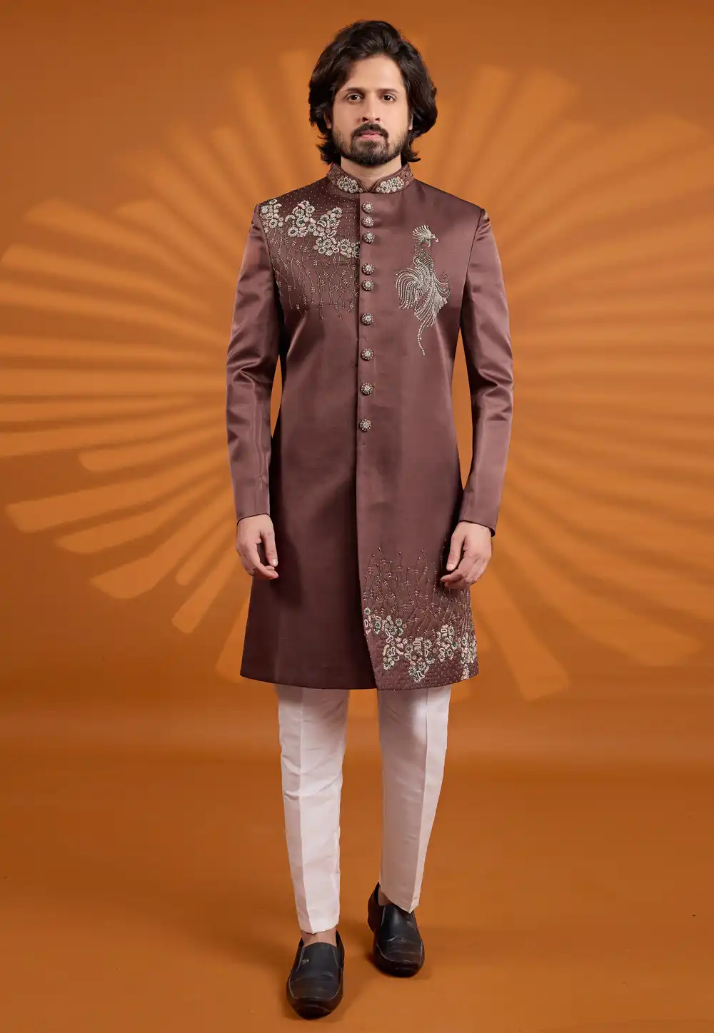 Brown Art Silk Achkan Style Sherwani 330256