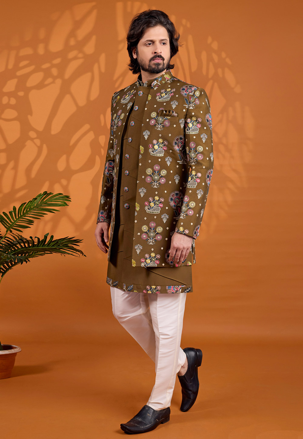 Brown Art Silk Jacket Style Sherwani 330242