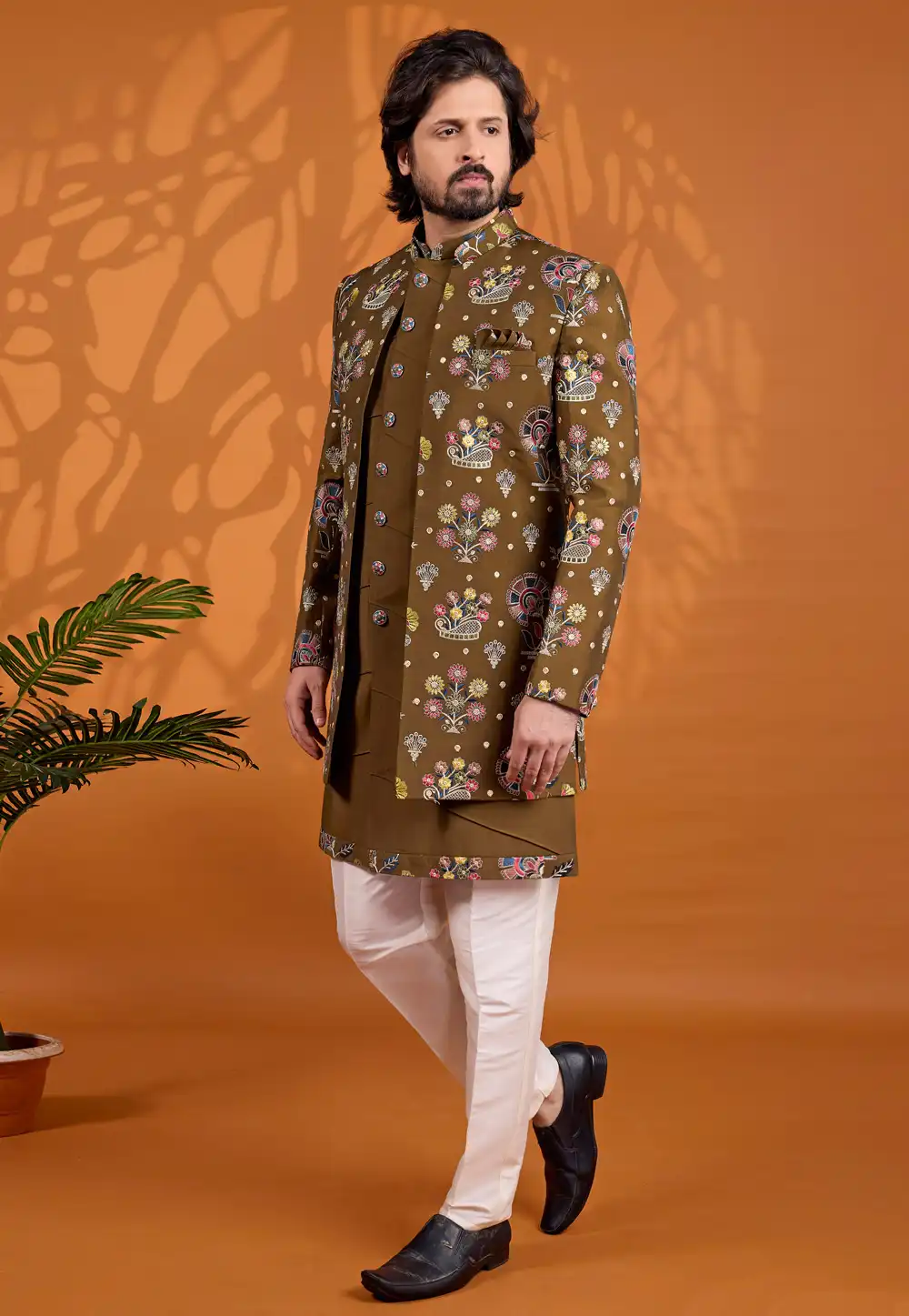 Brown Art Silk Jacket Style Sherwani 330242