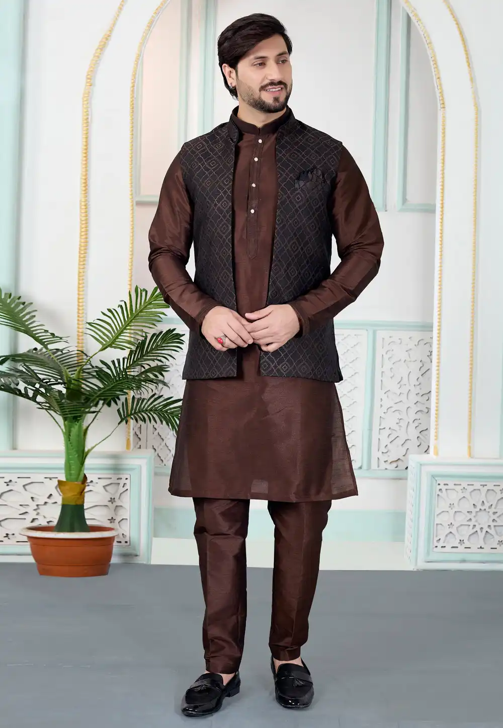 Brown Art Silk Kurta Pajama With Jacket 323373