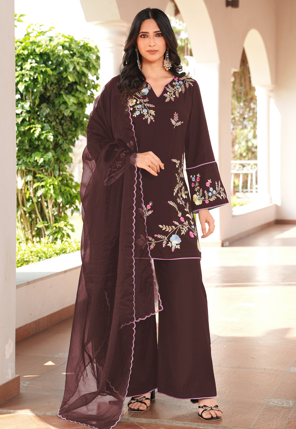 Brown Art Silk Readymade Pakistani Suit 325037