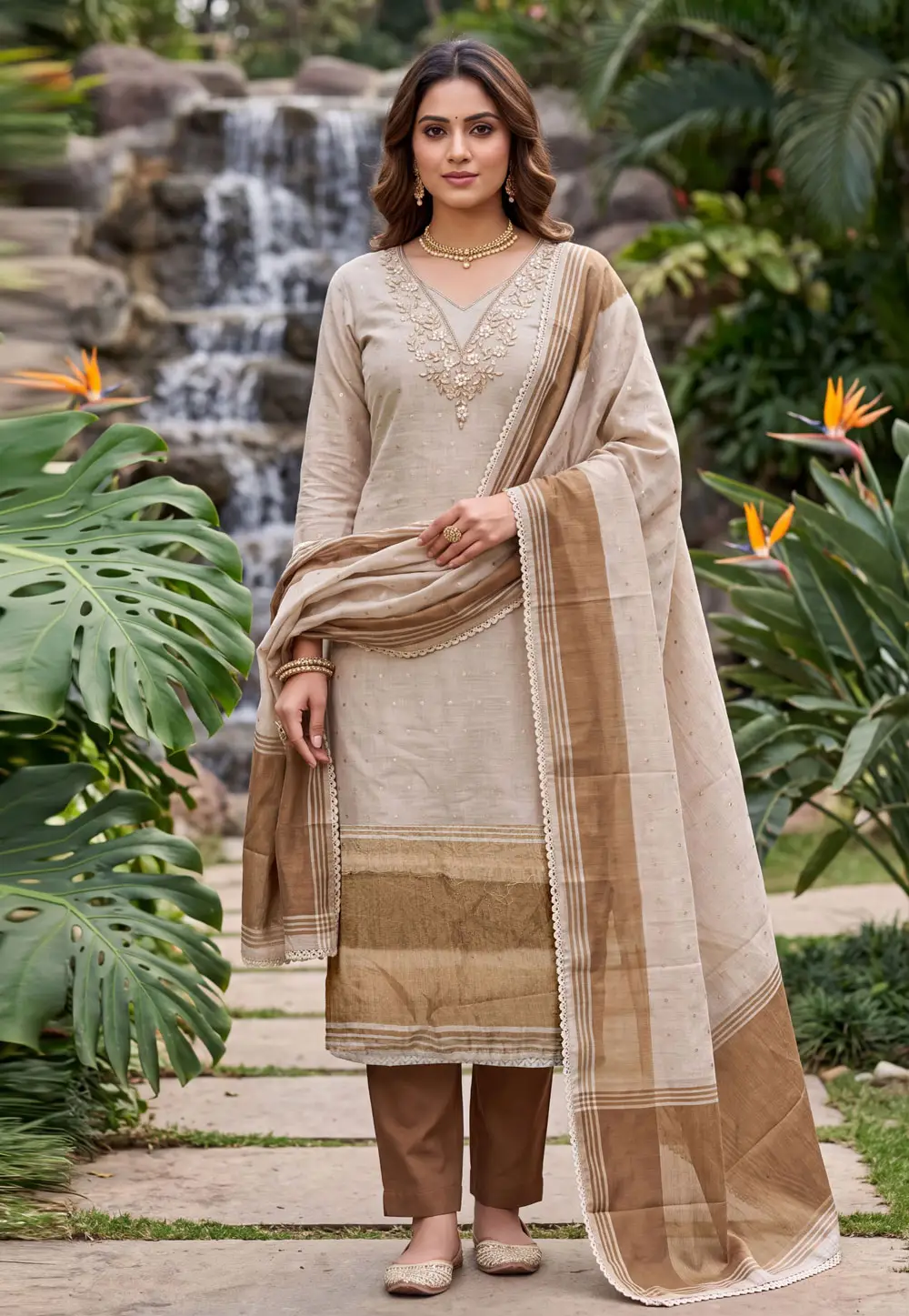 Brown Banarasi Cotton Pant Style Suit 335540