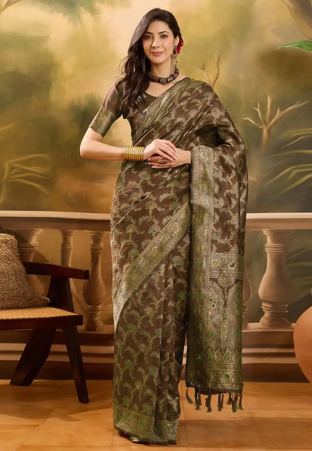 Brown Banarasi Jacquard Saree 316783