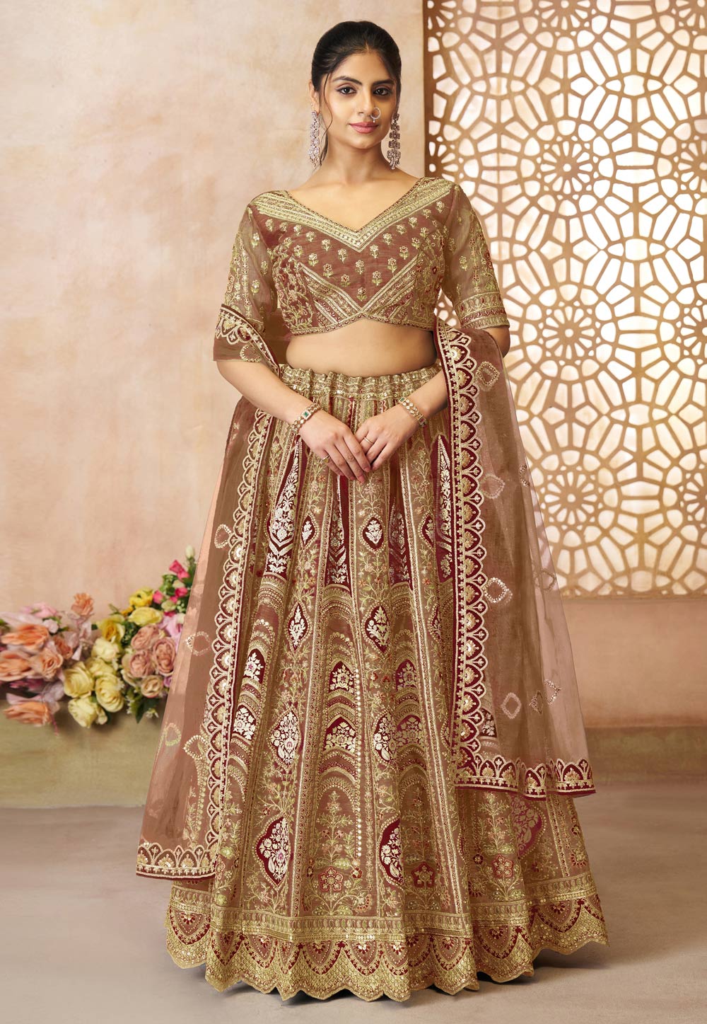 Brown Banarasi Silk Lehenga Choli 309003