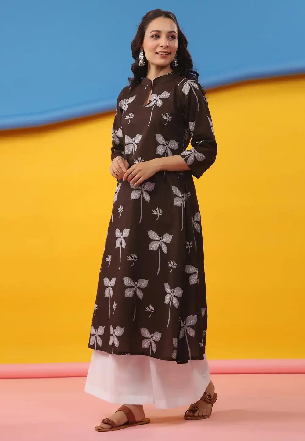 Brown Cambric Cotton Printed Long Kurti 328099