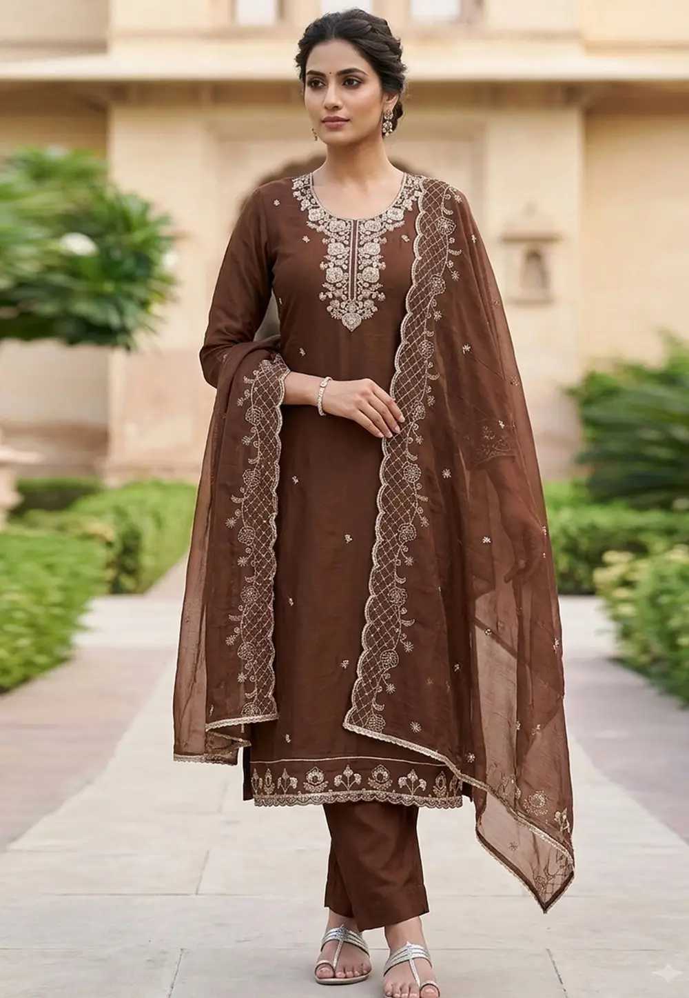 Brown Chanderi Pant Style Suit 335359