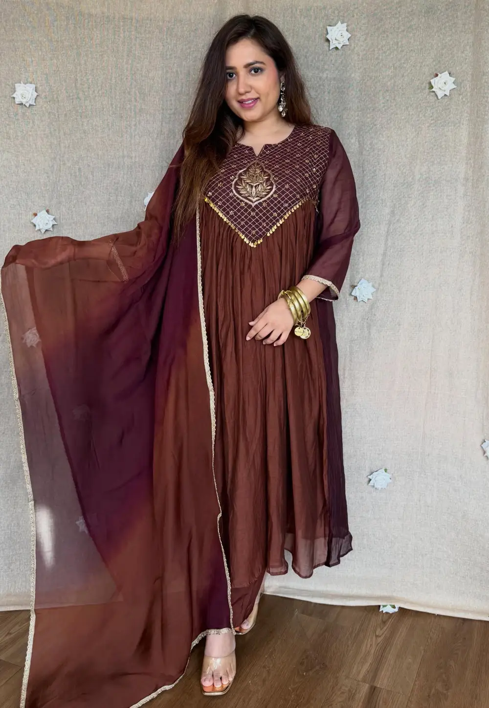 Brown Chanderi Readymade Anarkali Suit 334244