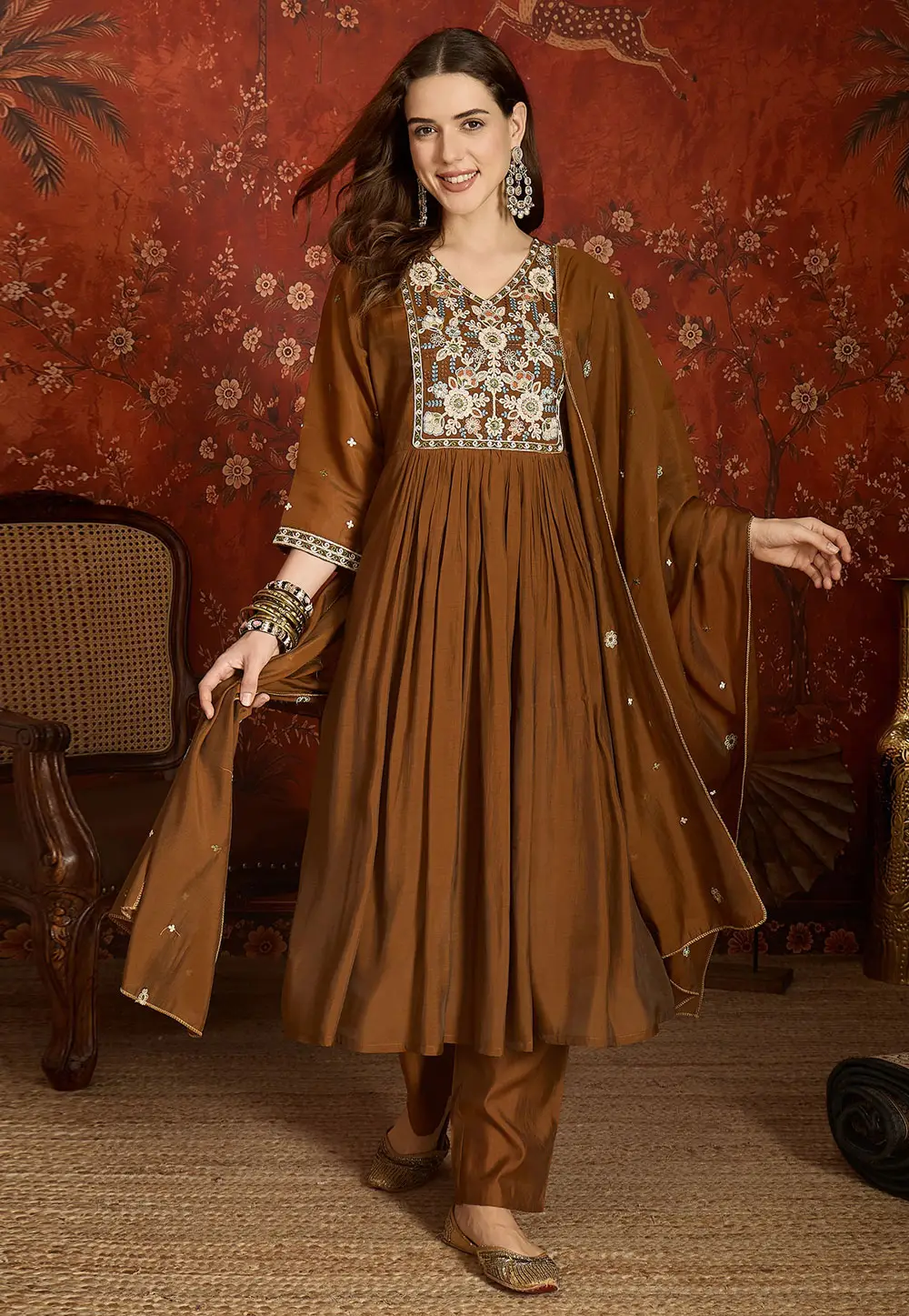 Brown Chanderi Readymade Anarkali Suit 332903
