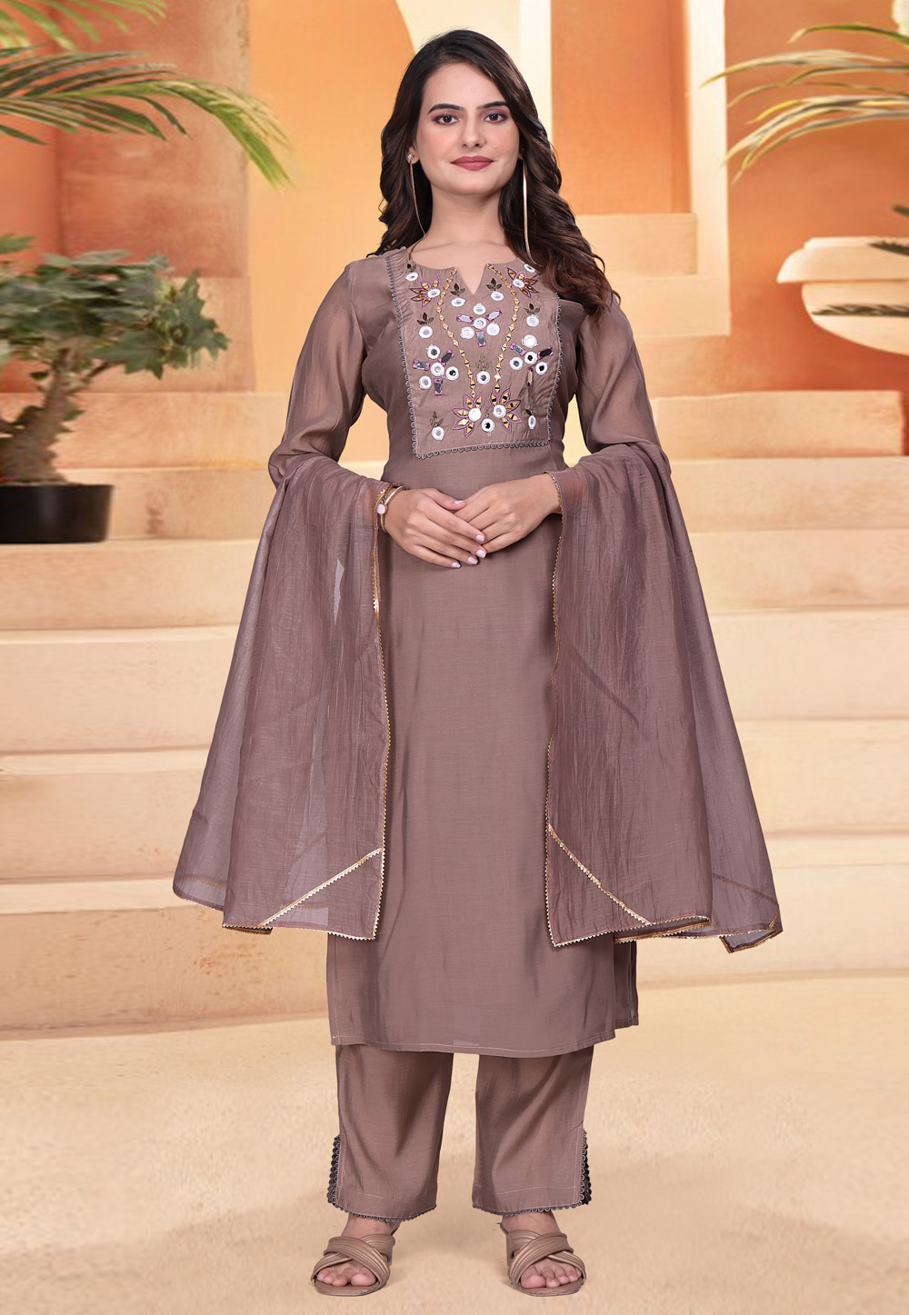 Brown Chanderi Readymade Pakistani Suit 321599