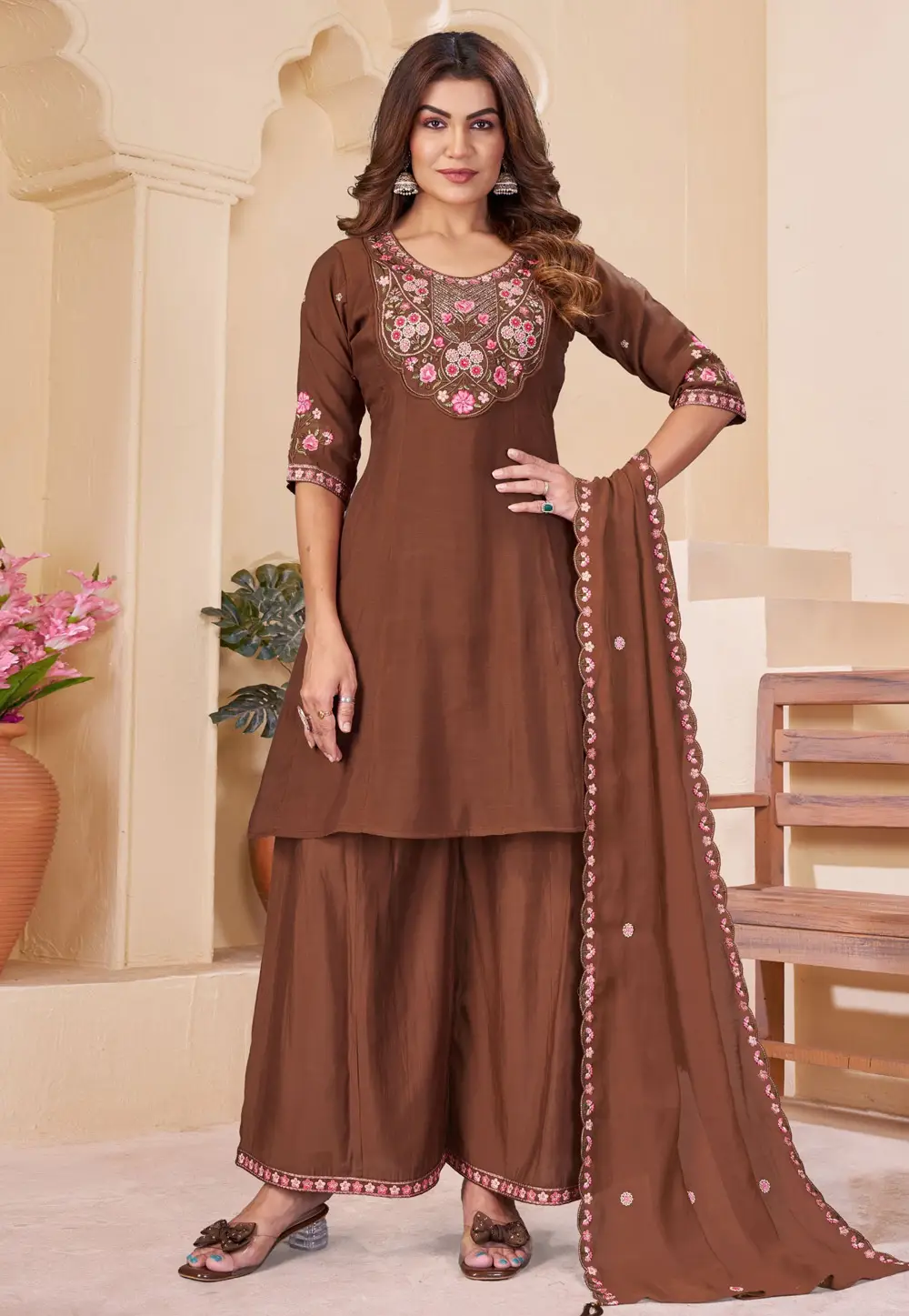Brown Chanderi Readymade Palazzo Suit 336640
