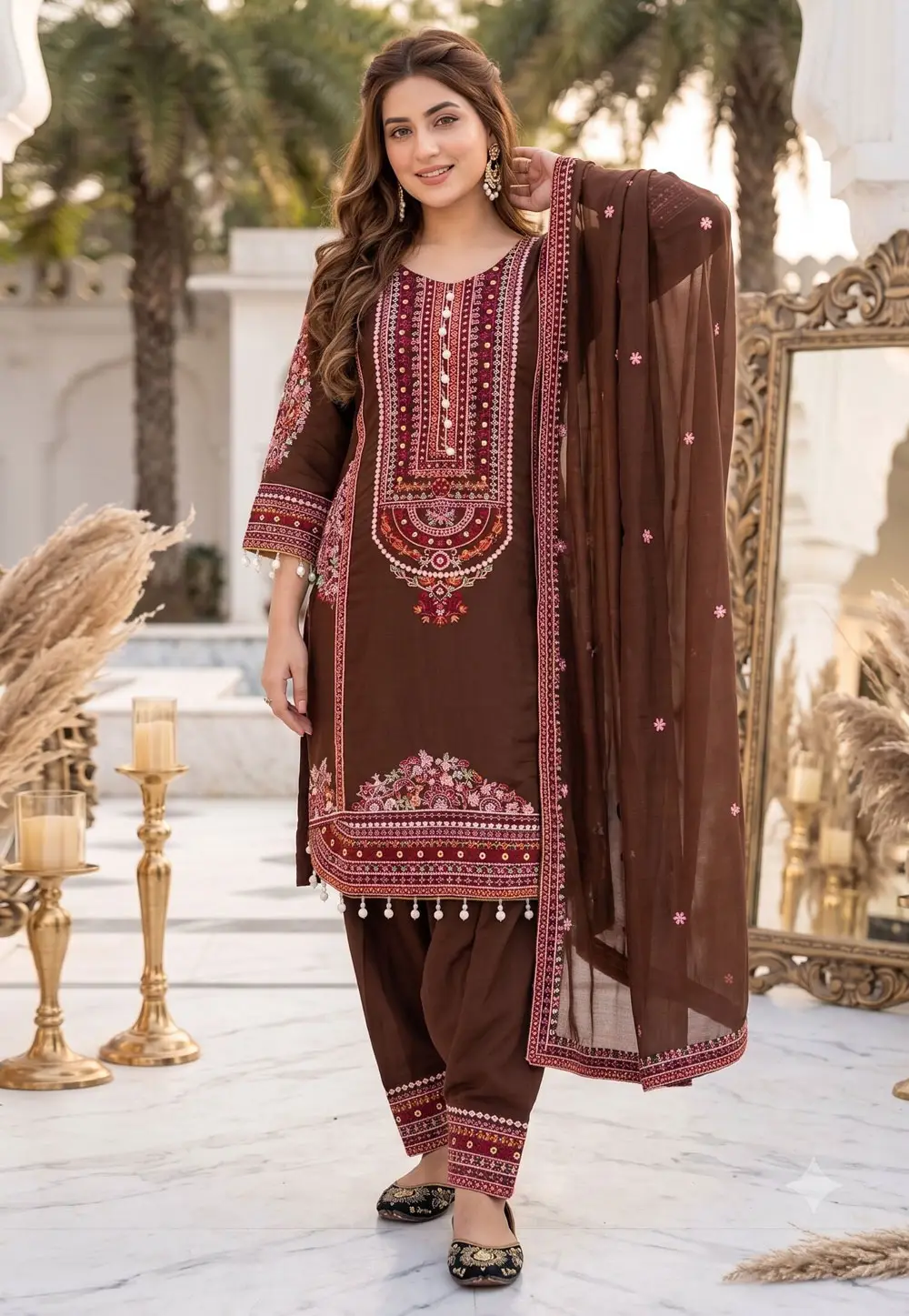 Brown Chanderi Readymade Patiala Suit 333710