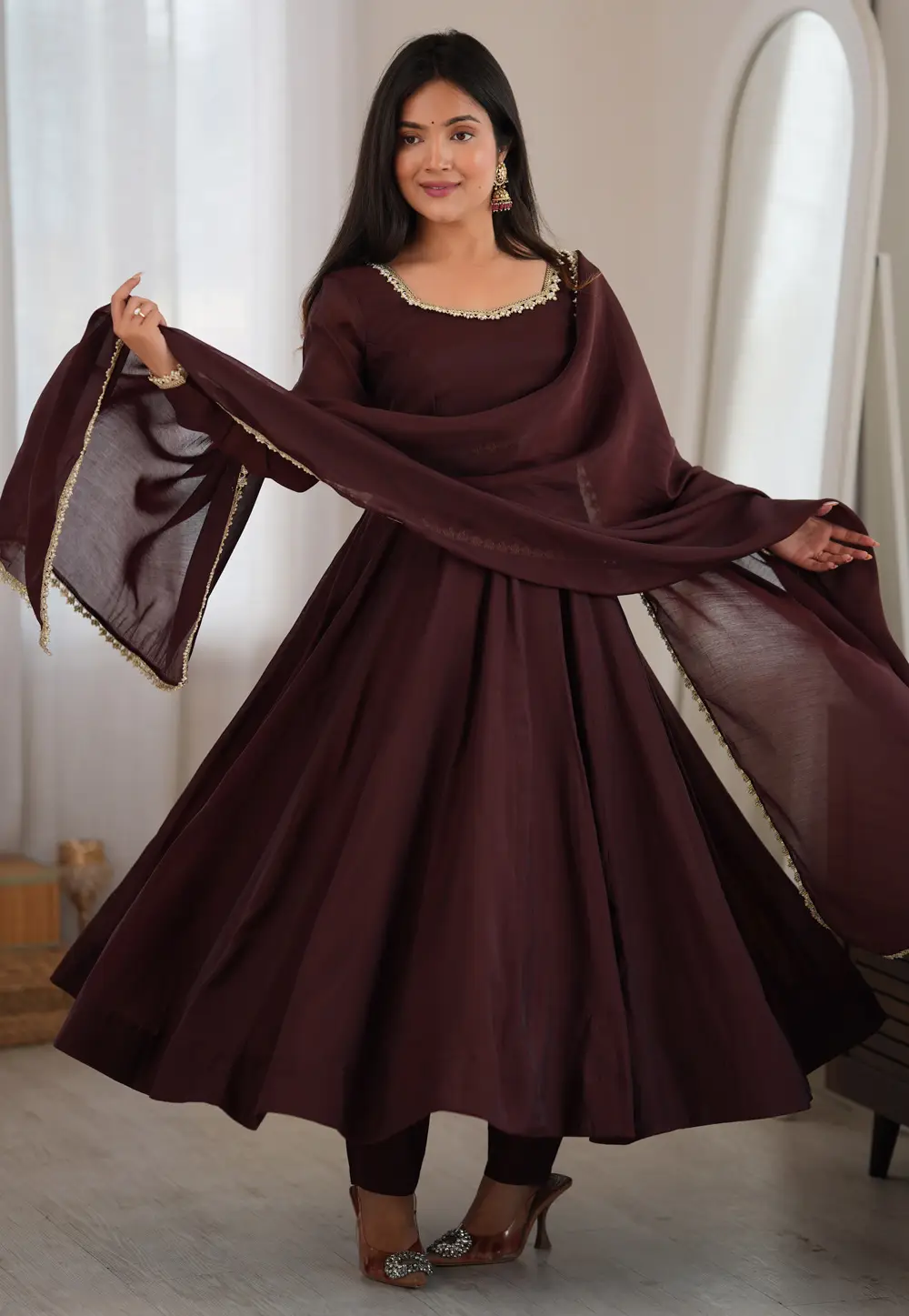 Brown Chanderi Silk Readymade Anarkali Suit 336689