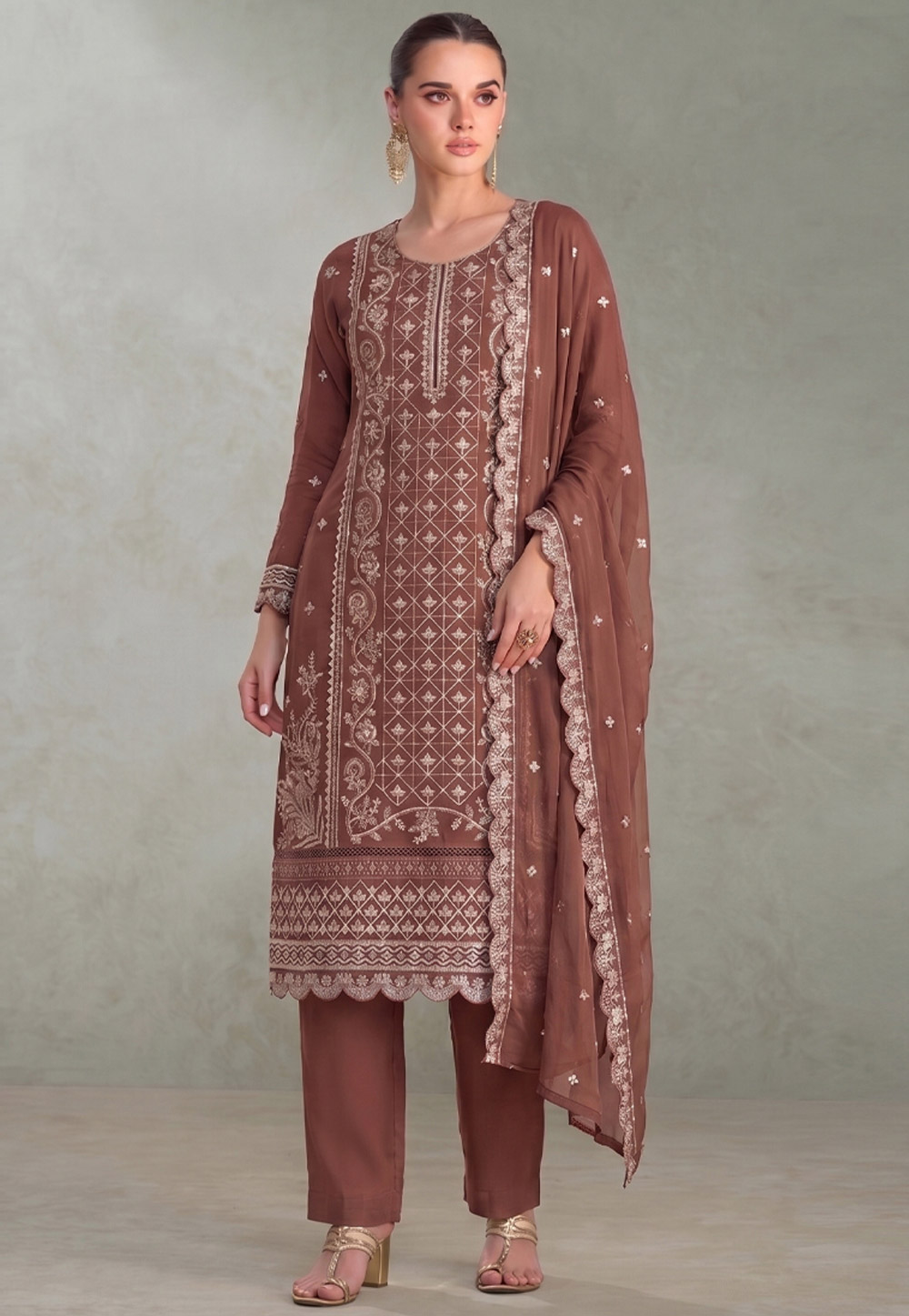 Brown Chiffon Embroidered Pant Style Suit 329781