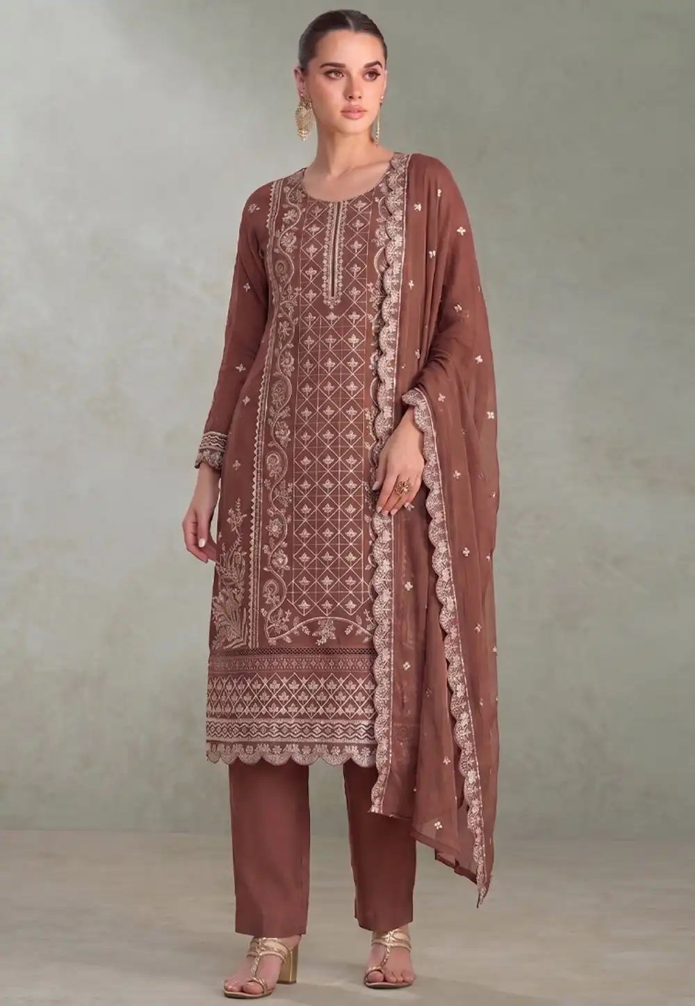 Brown Chiffon Embroidered Pant Style Suit 329781