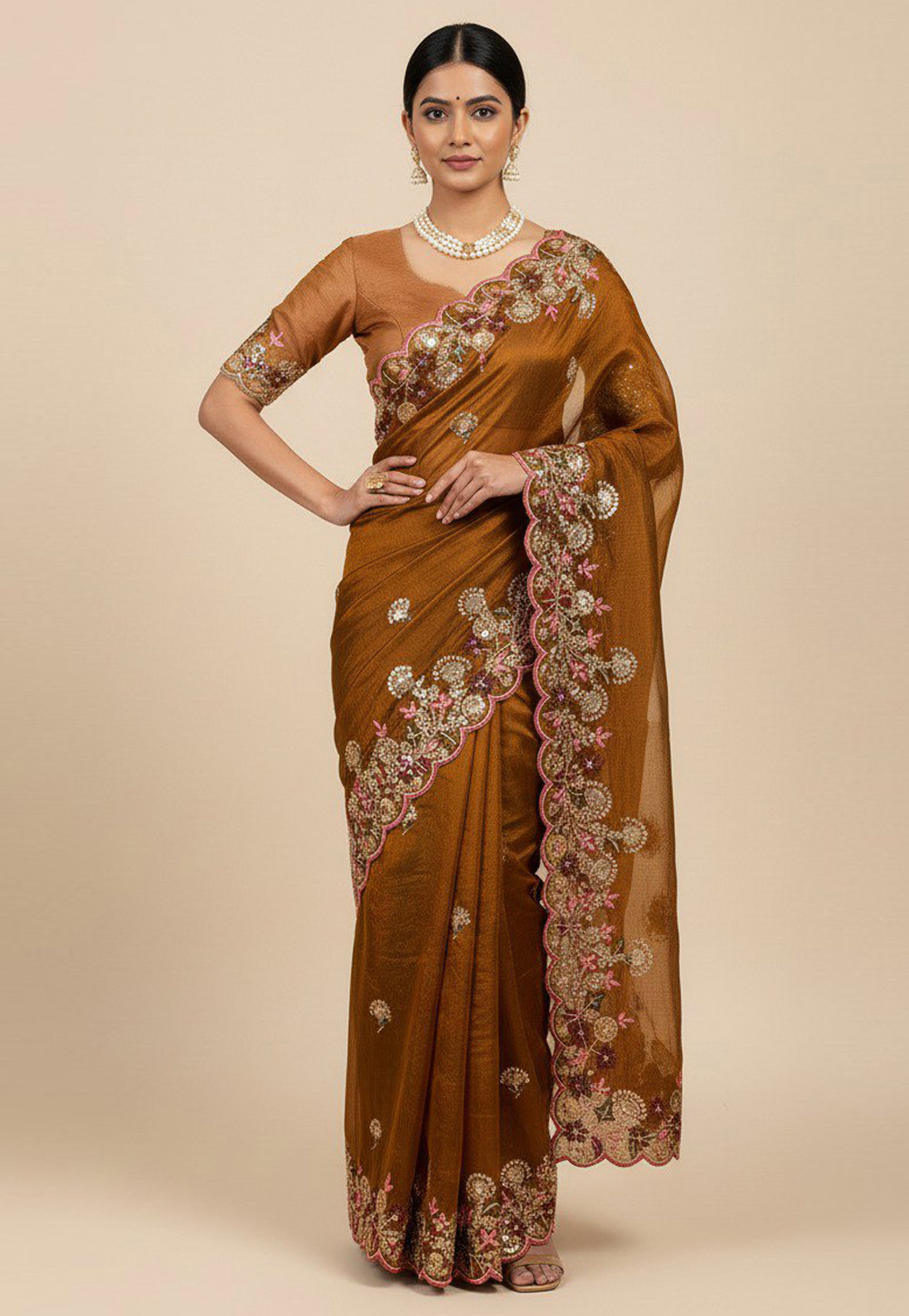 Brown Chiffon Saree With Blouse 318658