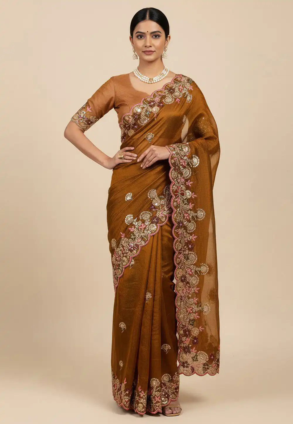Brown Chiffon Saree With Blouse 318658