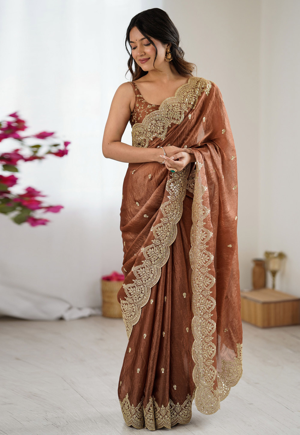 Brown Chiffon Saree With Blouse 323192