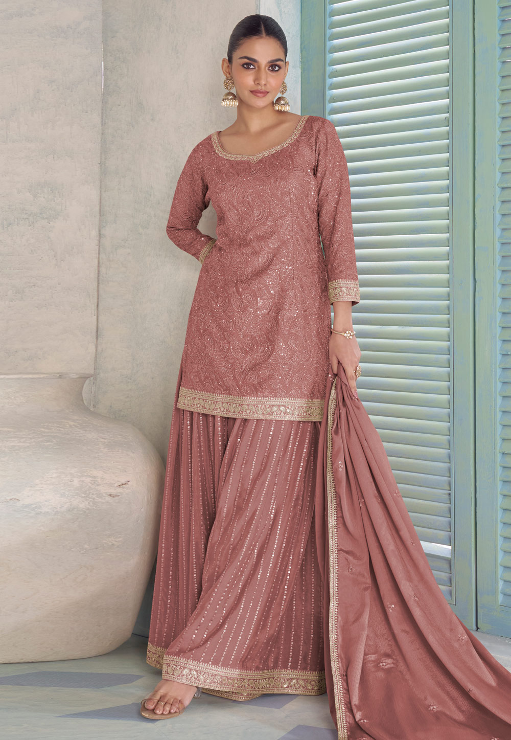 Brown Chinon Embroidered Palazzo Suit 326351