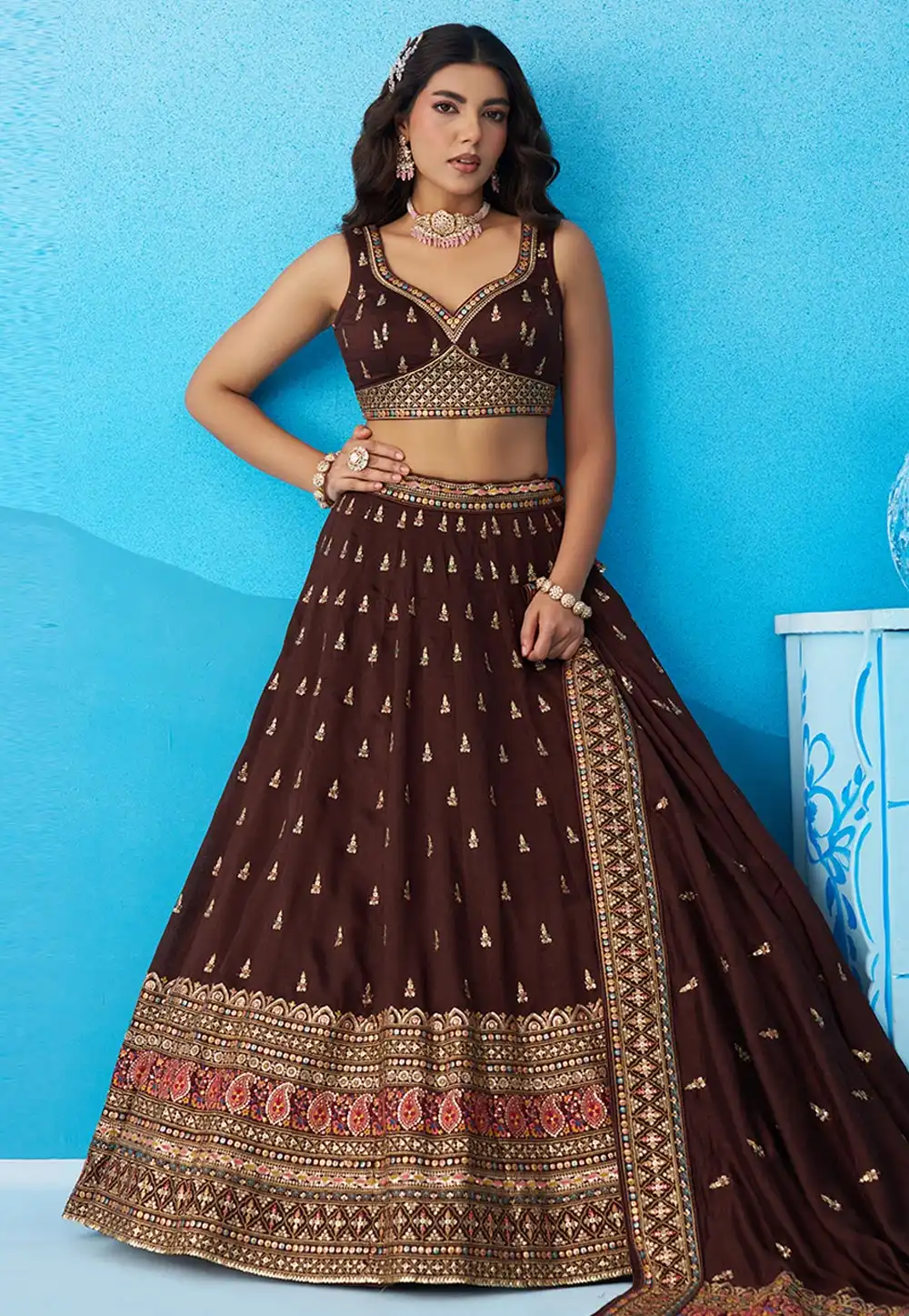 Brown Chinon Lehenga Choli 326153