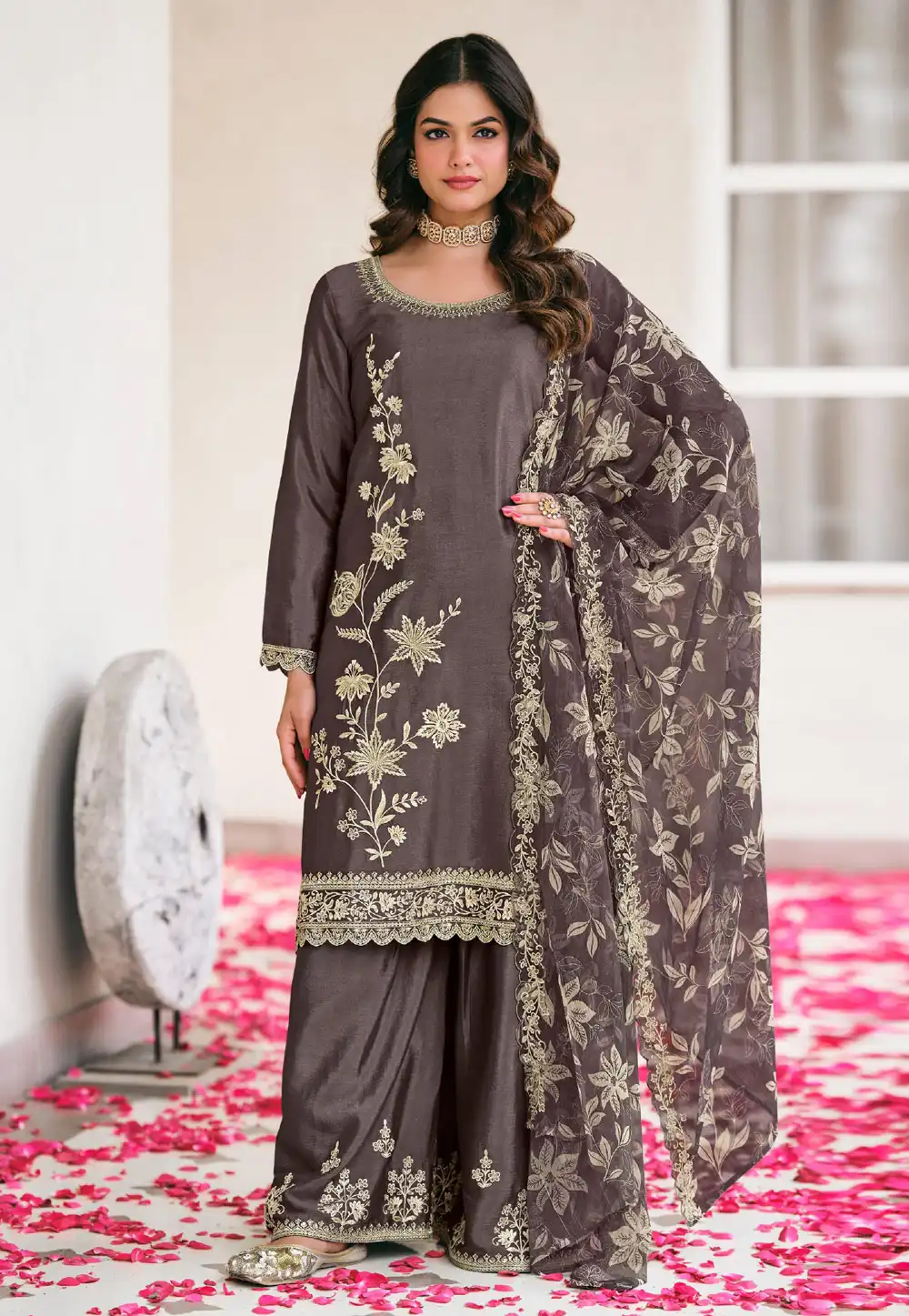 Brown Chinon Palazzo Suit 328927