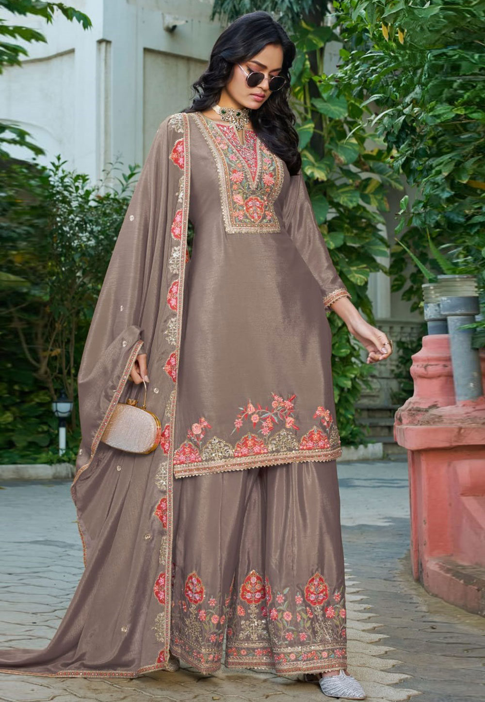 Brown Chinon Readymade Pakistani Suit 328313
