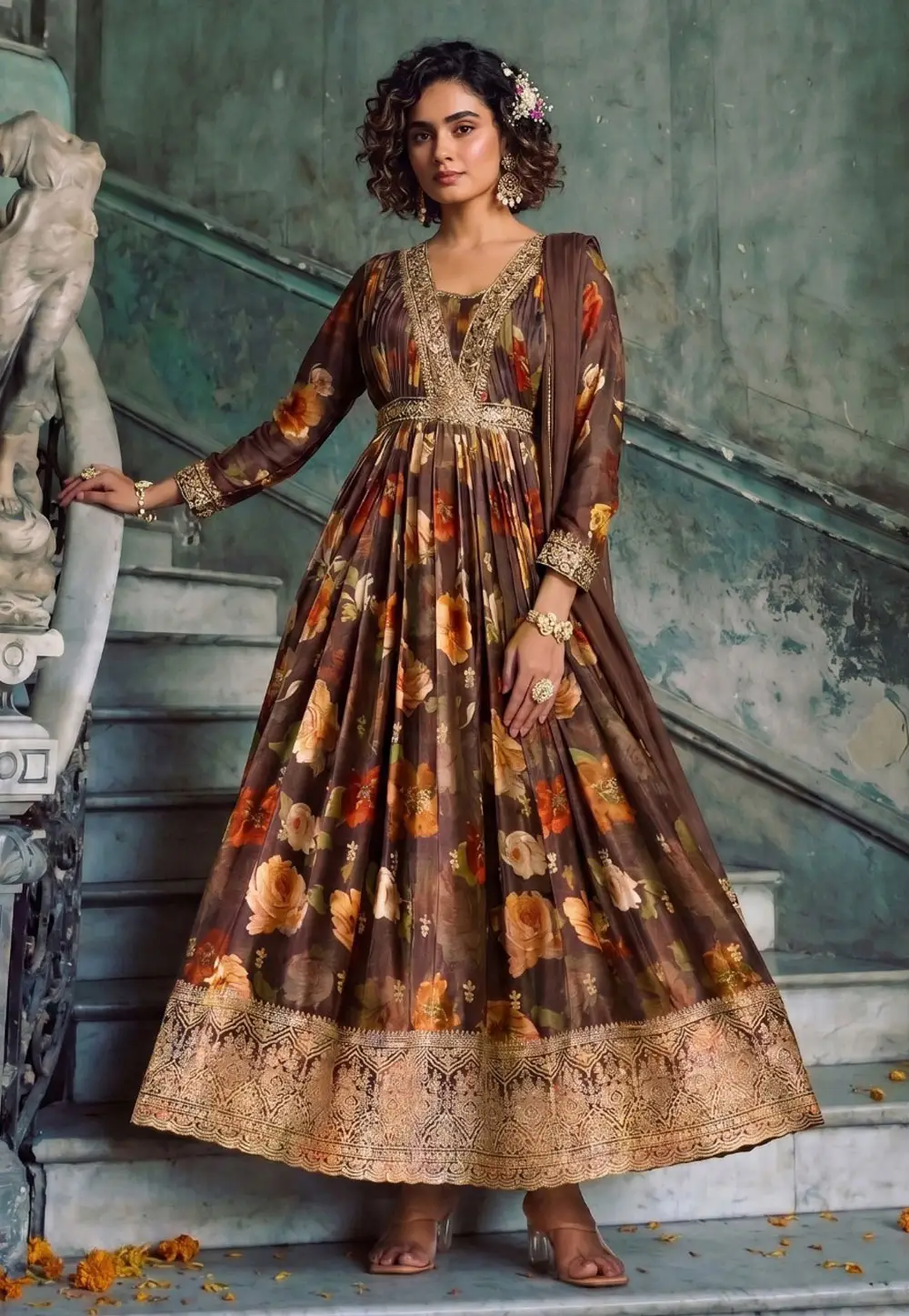 Brown Chinon Silk Readymade Long Anarkali Suit 335526