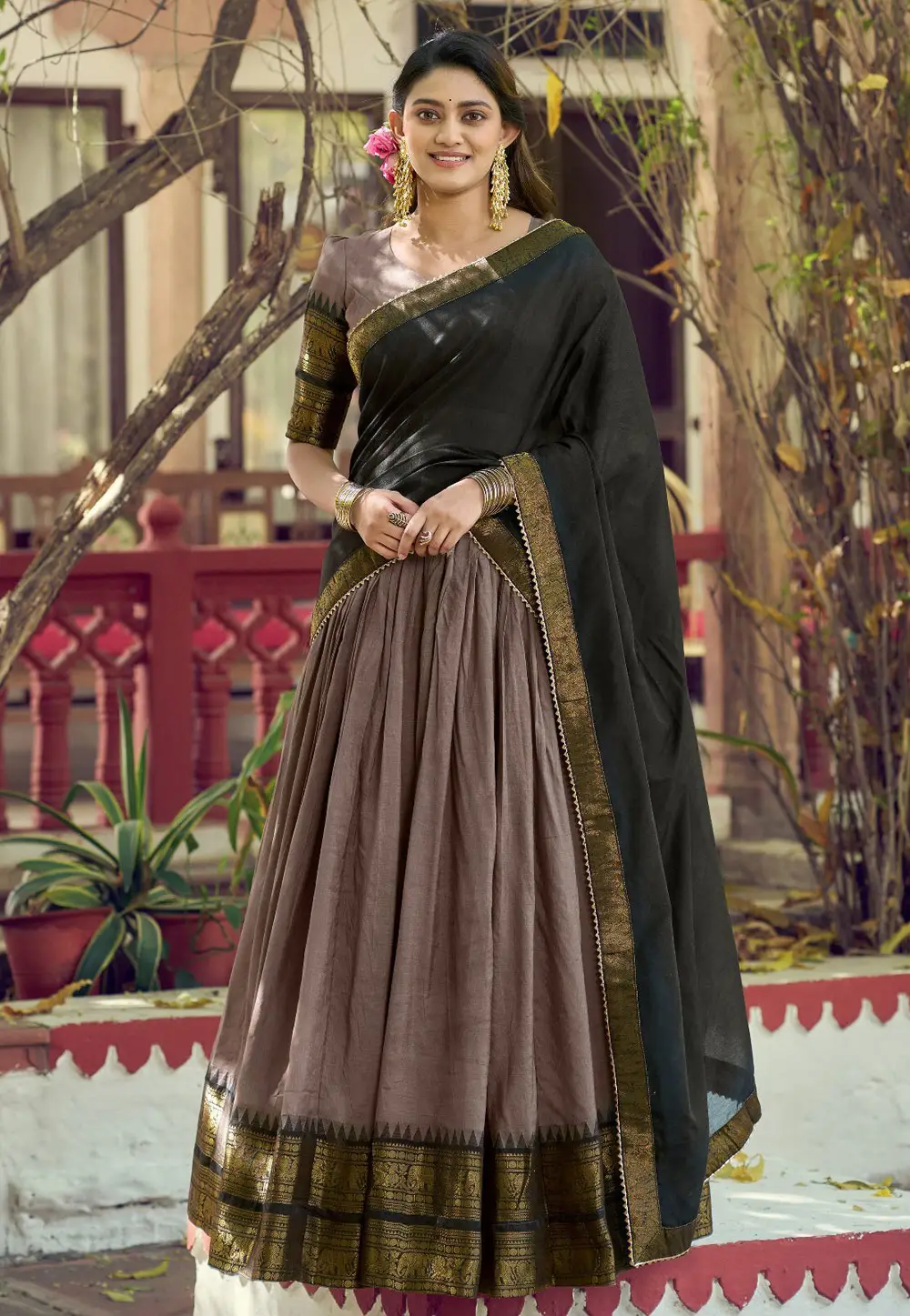 Brown Cotton Circular Lehenga Choli 333339