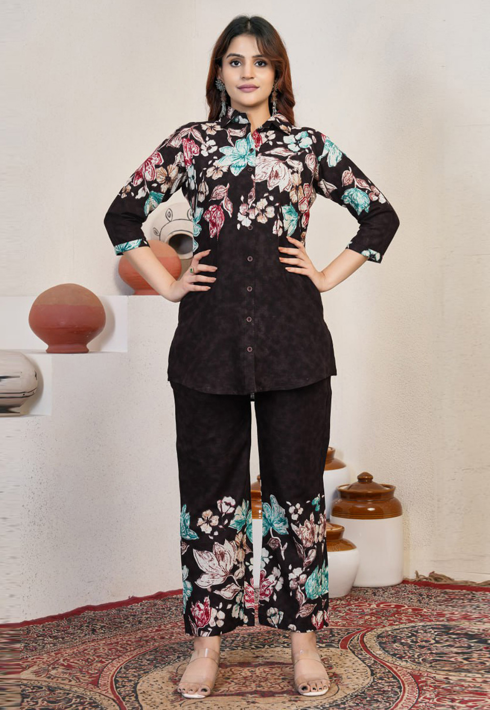 Brown Cotton Printed Co-Ords Set 320028