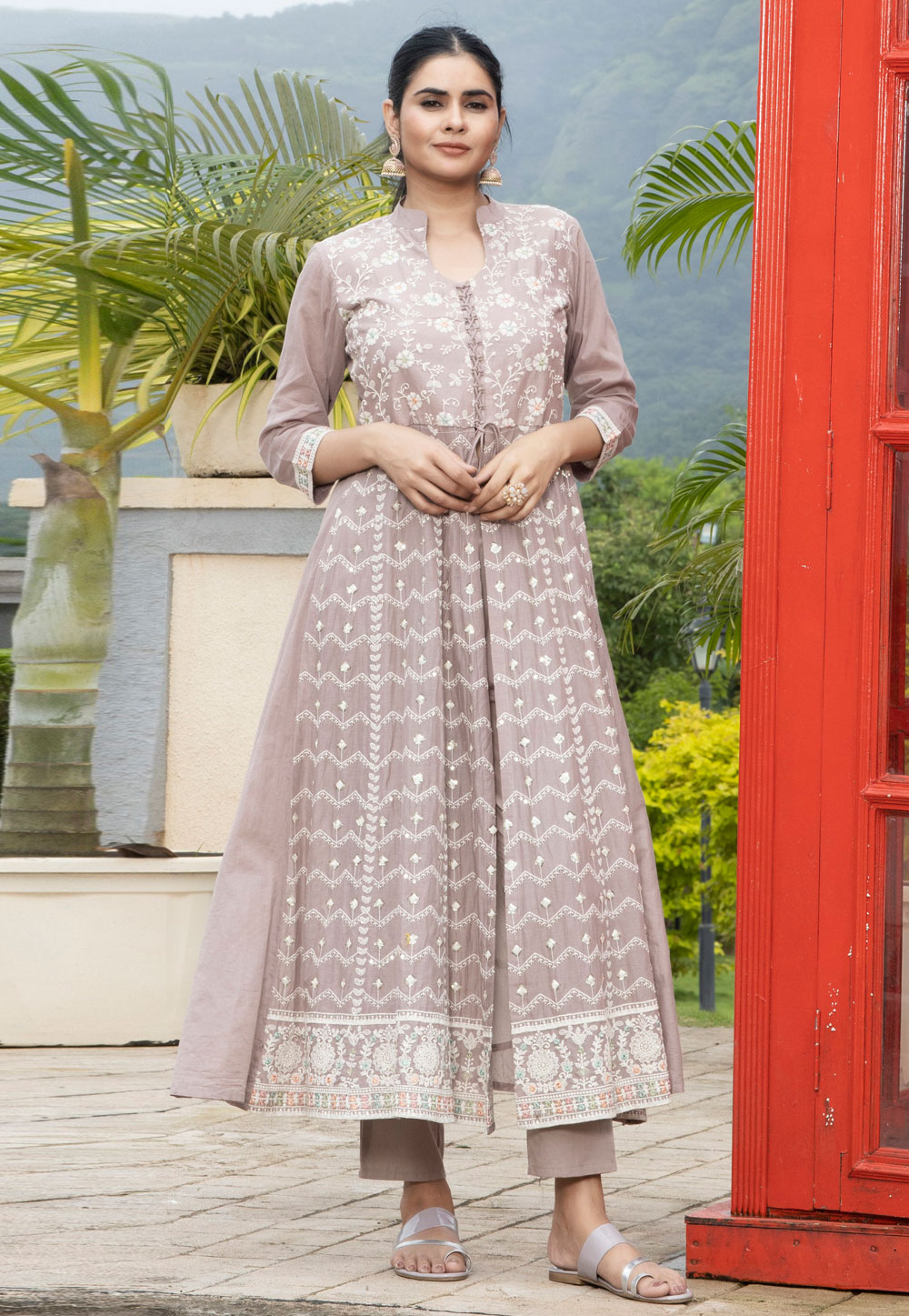 Brown Cotton Readymade Center Slit Anarkali Suit 308526
