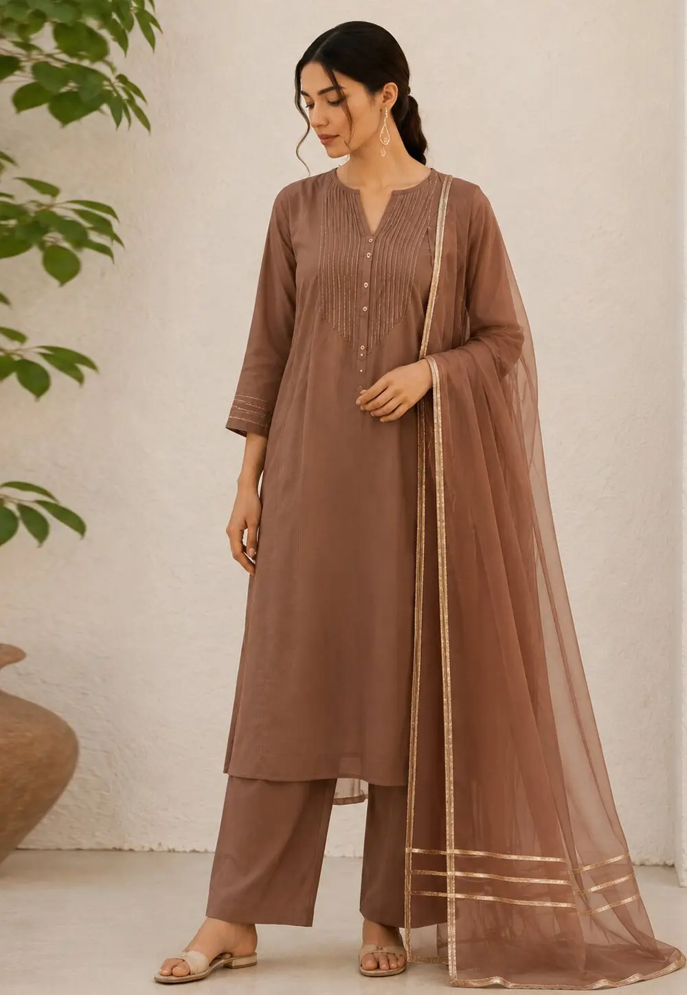 Brown Cotton Readymade Pakistani Suit 332471
