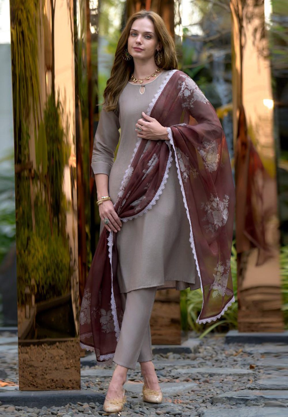 Brown Cotton Readymade Pakistani Suit 312011