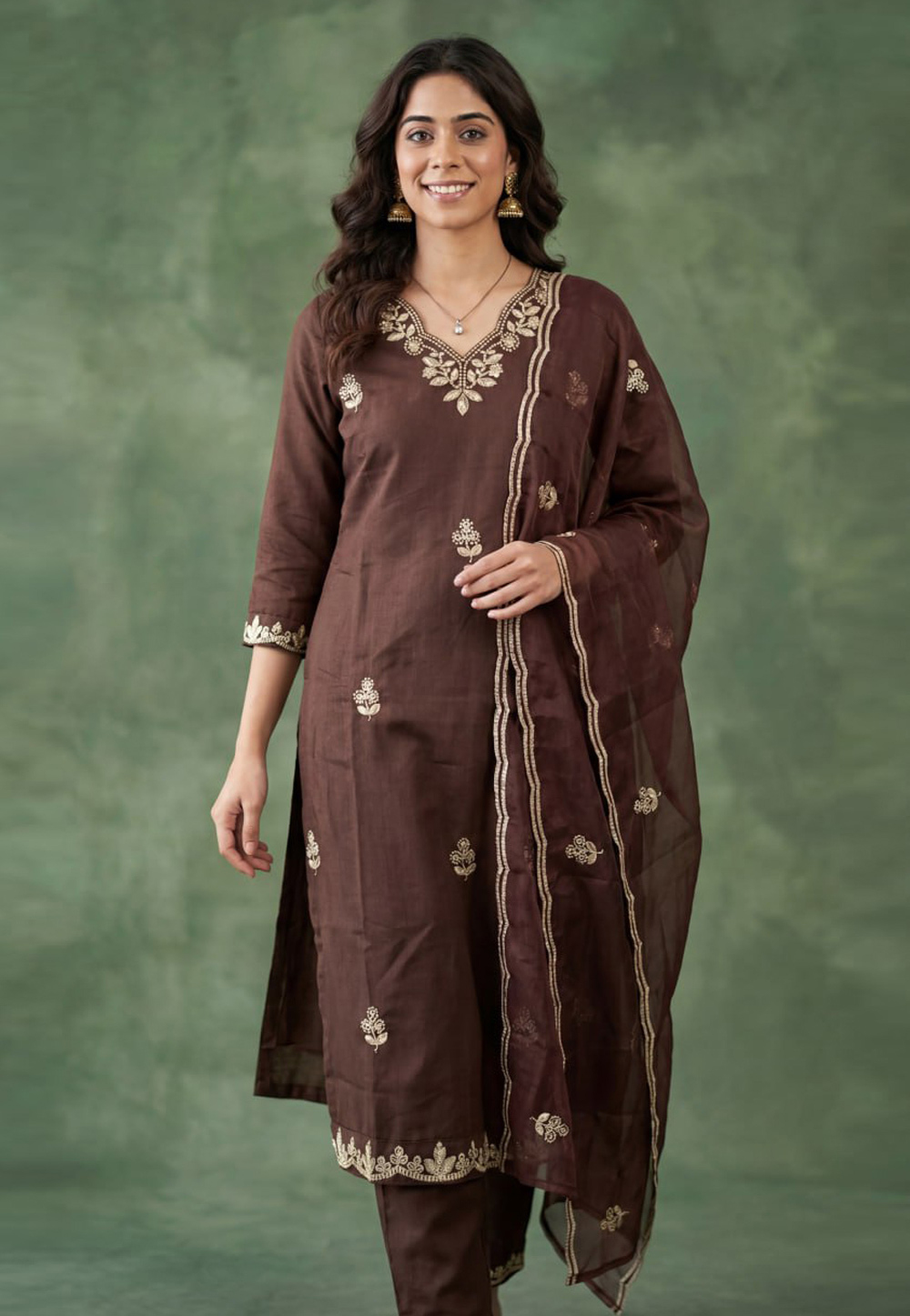 Brown Cotton Readymade Pant Style Suit 321456